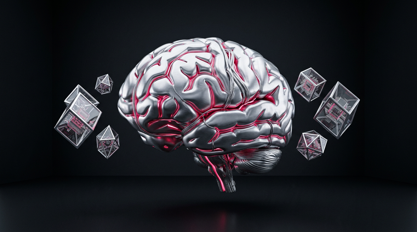 Silver artificial intelligence brain with crimson pathways and software modules