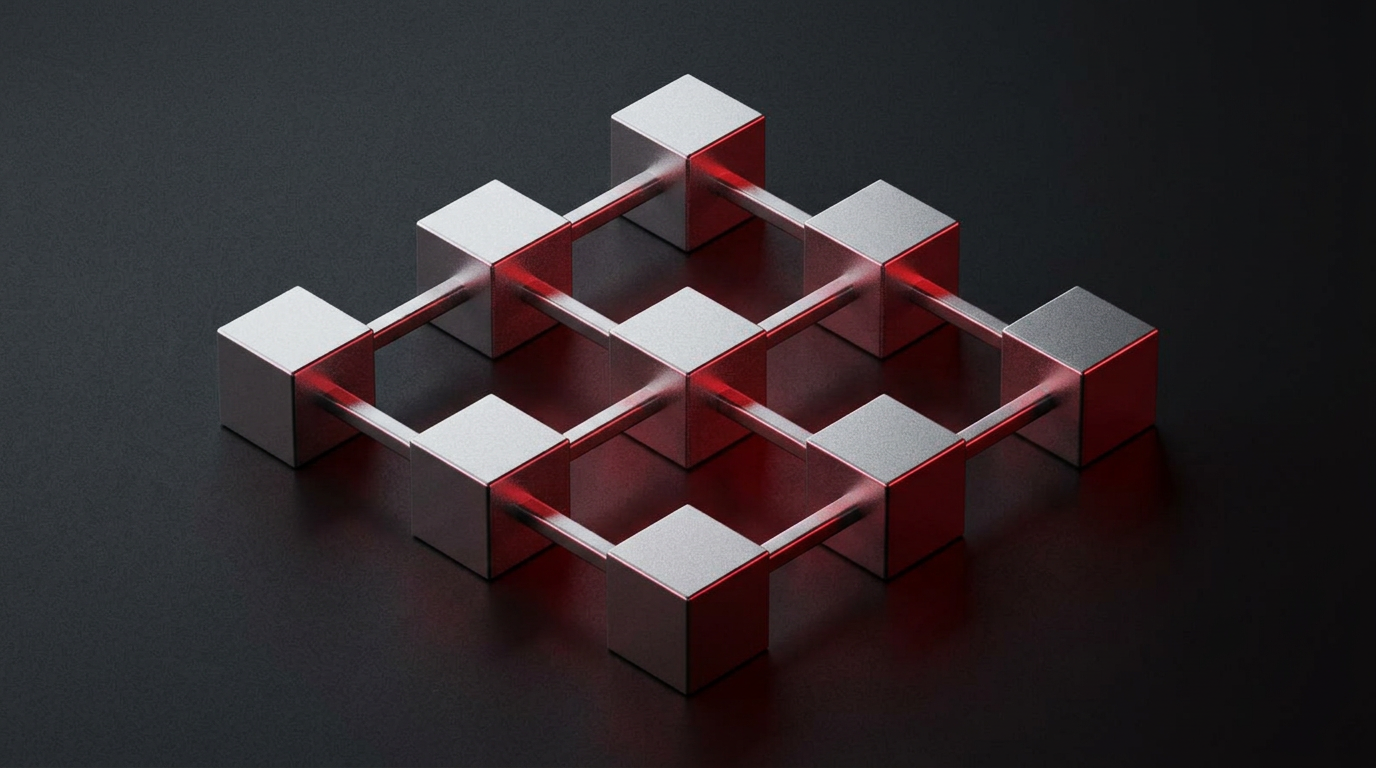 Silver interconnected blockchain cubes with crimson highlights on graphite