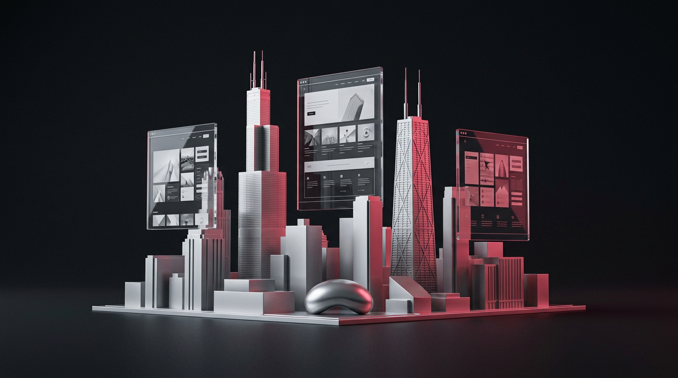 Silver Chicago skyline with floating website designs and crimson highlights