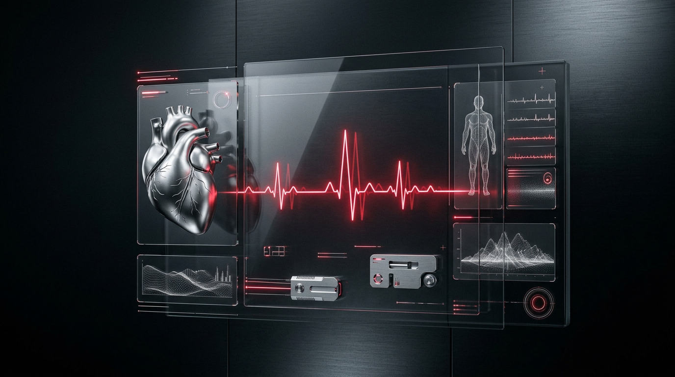 Silver clinical dashboard with a crimson ECG waveform on graphite