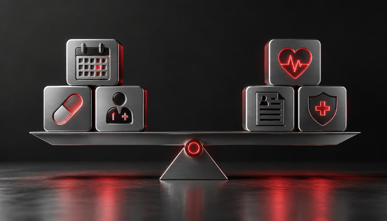 Silver healthcare app blocks balanced on a scale with crimson accents