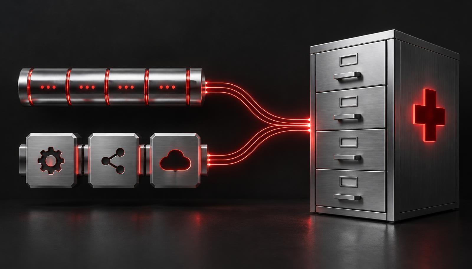 Silver HL7 message bar and FHIR API block linked by crimson data lines to a records cabinet