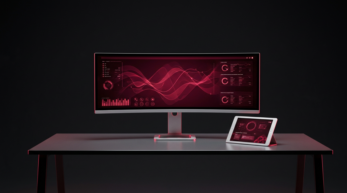 Medical software workstation with crimson dashboards on a graphite background