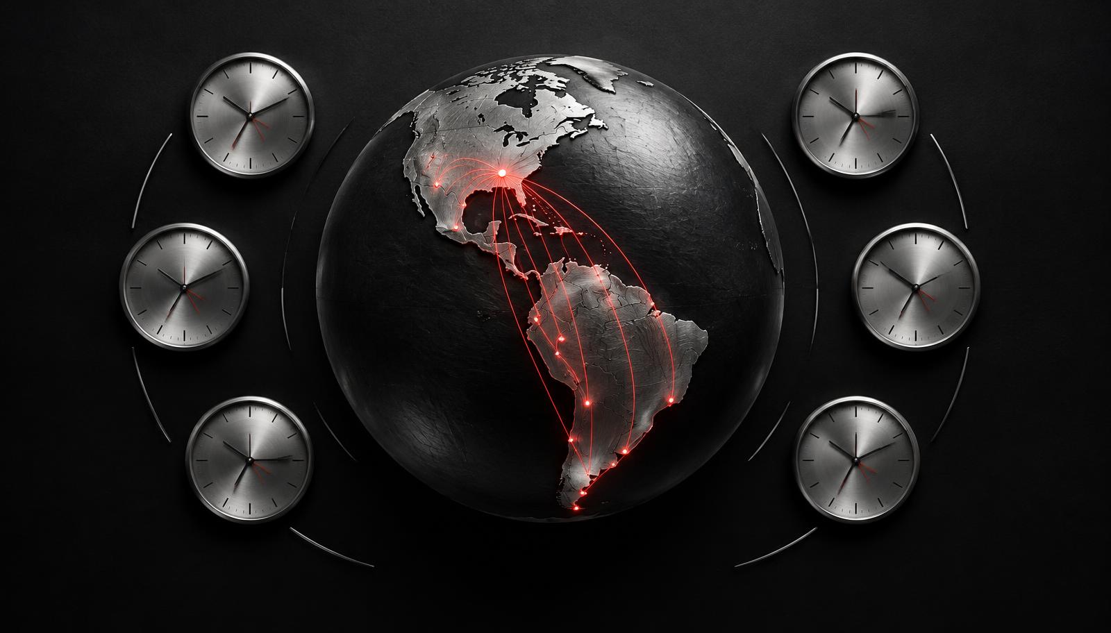 Silver globe of the Americas with crimson links between North and Latin America and nearby time zone clocks