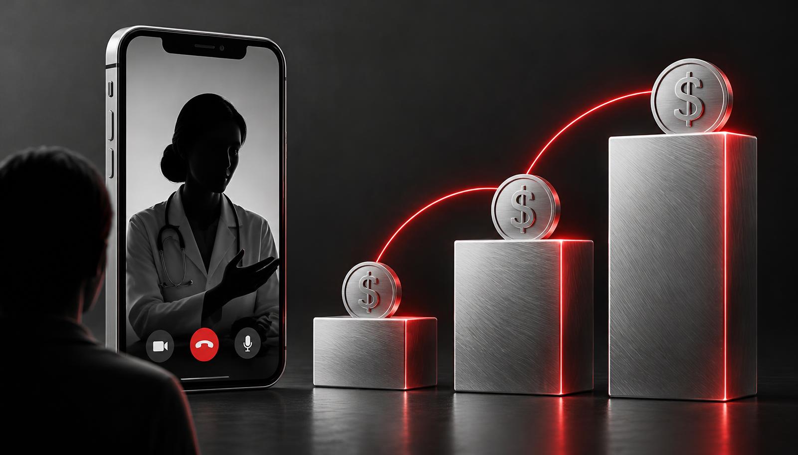 Silver smartphone with a video consultation beside rising silver cost blocks