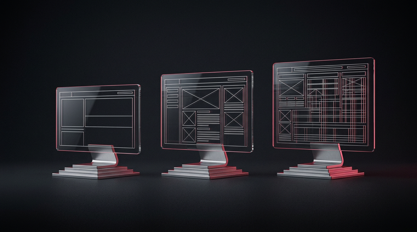 Three silver website wireframes of increasing complexity with crimson highlights