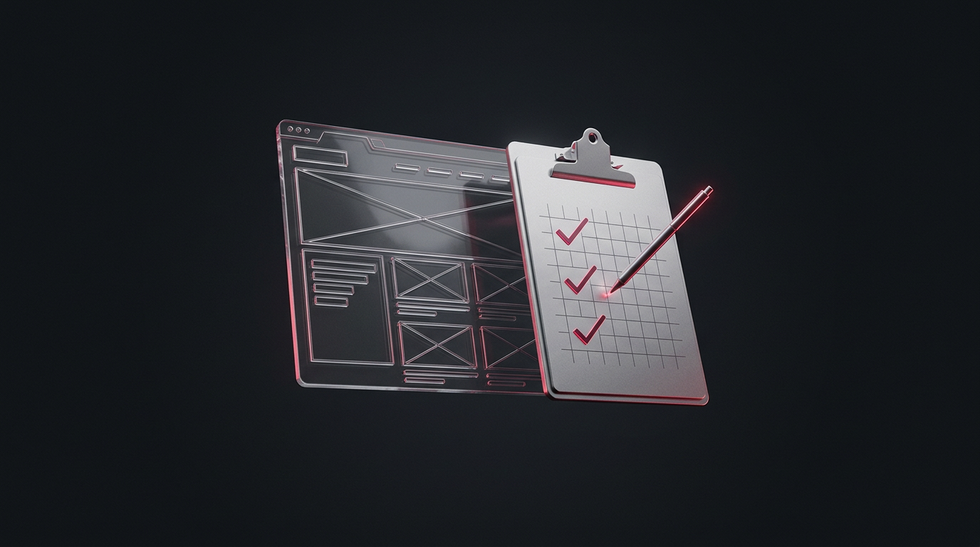 Silver website wireframe and partner evaluation checklist with crimson checkmarks