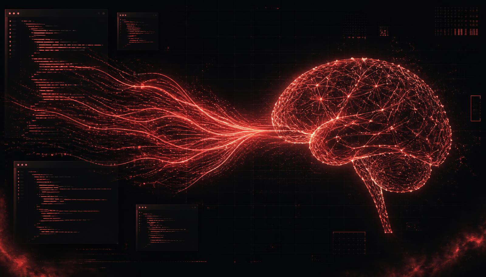 Neon code streams flowing into a wireframe neural network brain