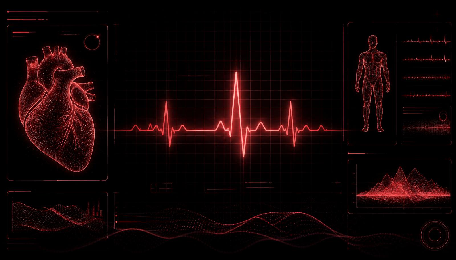 Neon clinical dashboard with ECG waveform and patient data panels